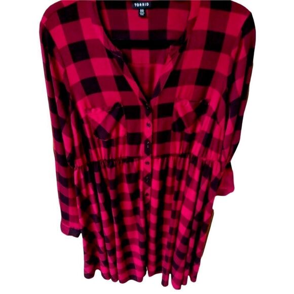 TORRID  maroon & black plaid challis button front midi dress Size M/L - Picture 10 of 16